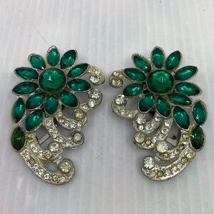 Vtg 1940s CORO  pewter green flowers rhinestone fur dress clip brooch